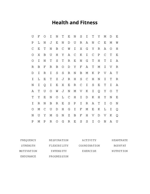 Health And Fitness Word Search