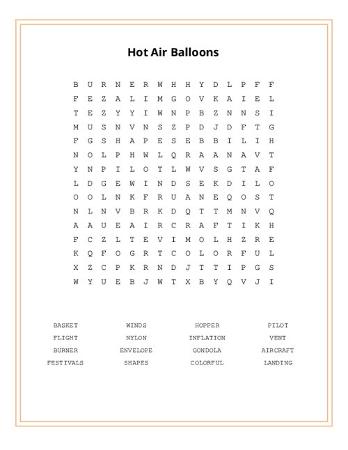 Hot Air Balloons Word Search Puzzle