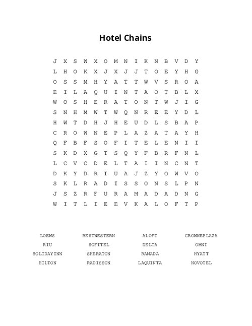 Hotel Chains Word Search Puzzle