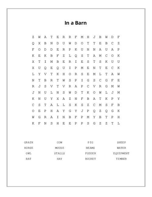 In a Barn Word Search Puzzle