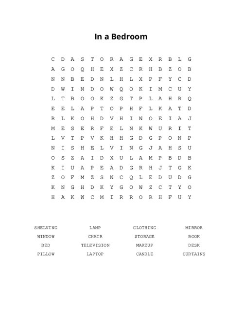 In a Bedroom Word Search Puzzle