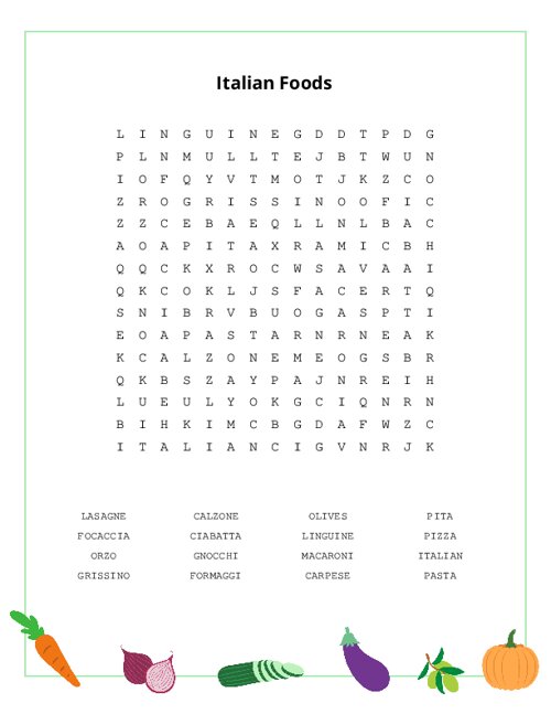 Italian Foods Word Search Puzzle