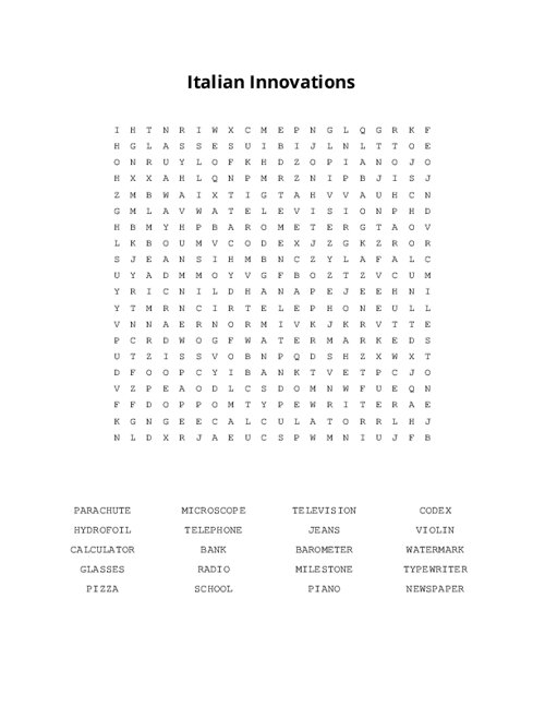Italian Innovations Word Search Puzzle