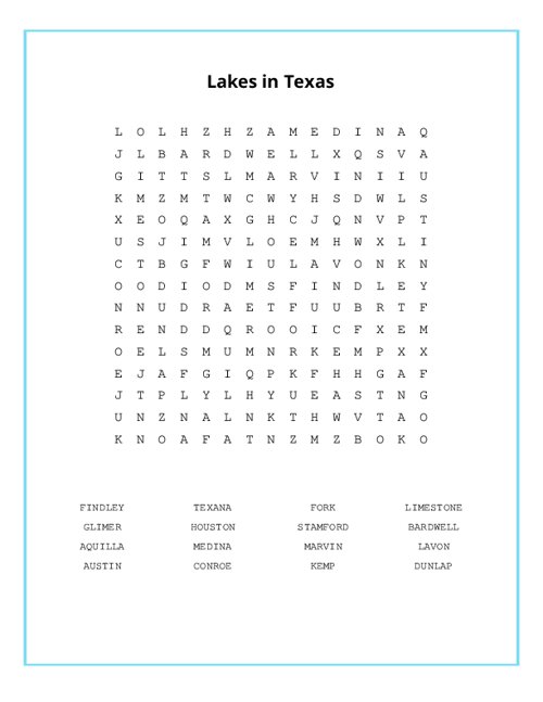 Lakes in Texas Word Search Puzzle