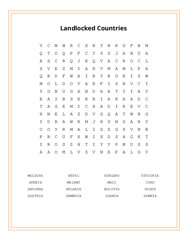 Landlocked Countries Word Search Puzzle
