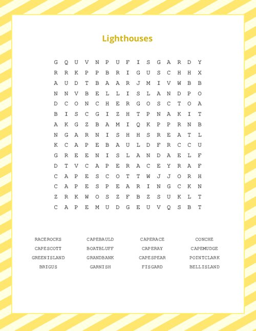 Lighthouses Word Search Puzzle
