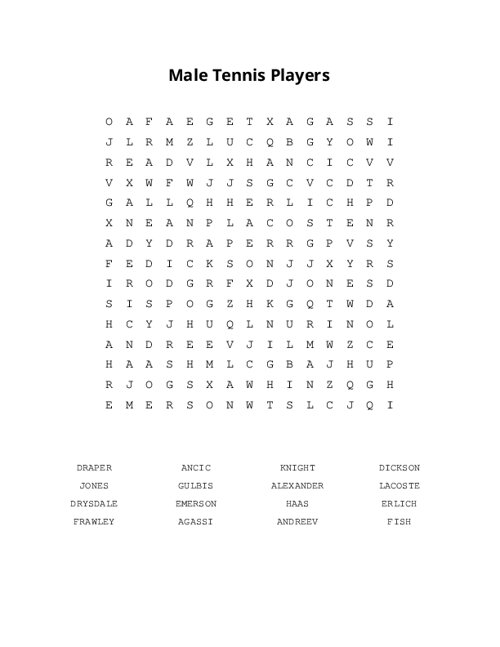 Male Tennis Players Word Search Puzzle