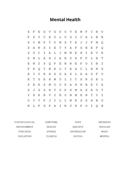 Mental Health Word Search Puzzle