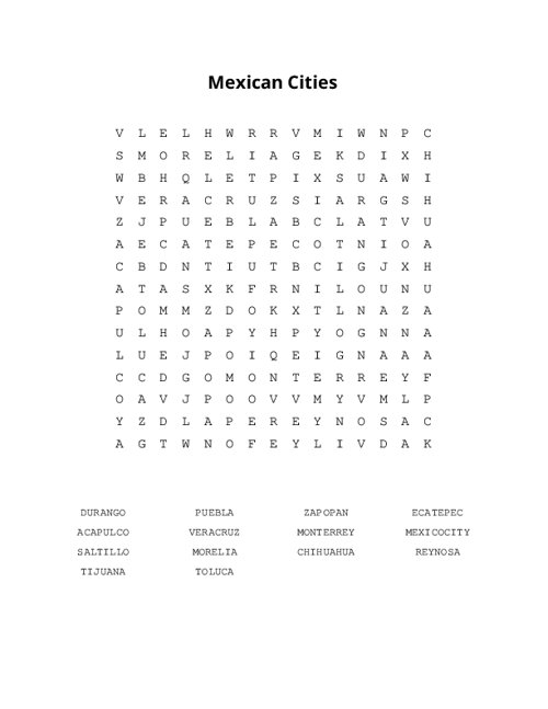 Mexican Cities Word Search Puzzle