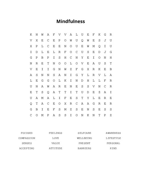 Mindfulness Word Search Puzzle