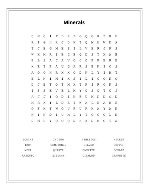 Minerals Word Search Puzzle