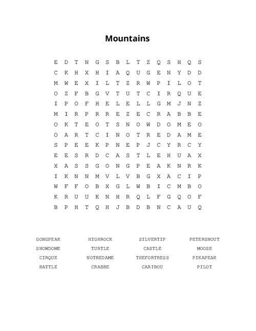 Mountains Word Search Puzzle