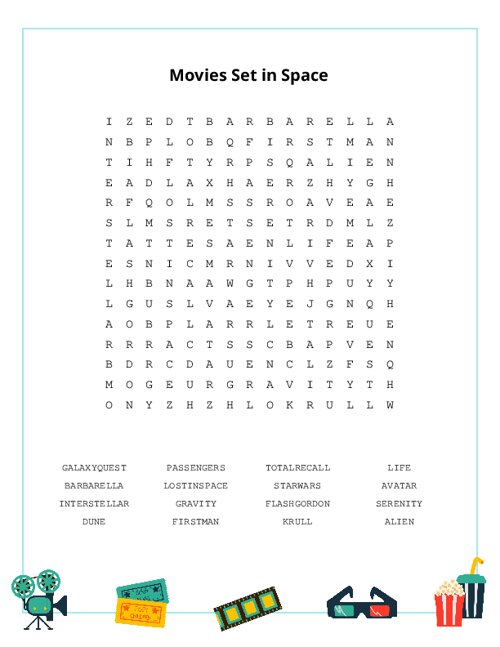 Movies Set in Space Word Search Puzzle