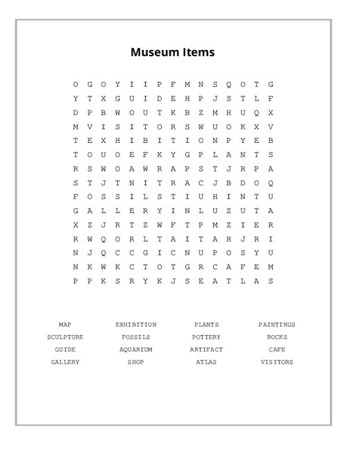 Museum Items Word Search Puzzle