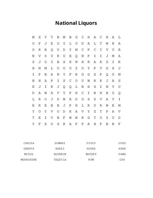 National Liquors Word Search Puzzle