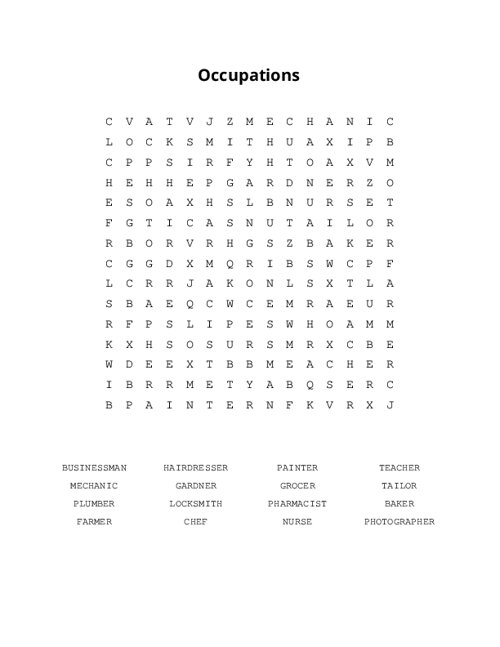 Occupations Word Search Puzzle