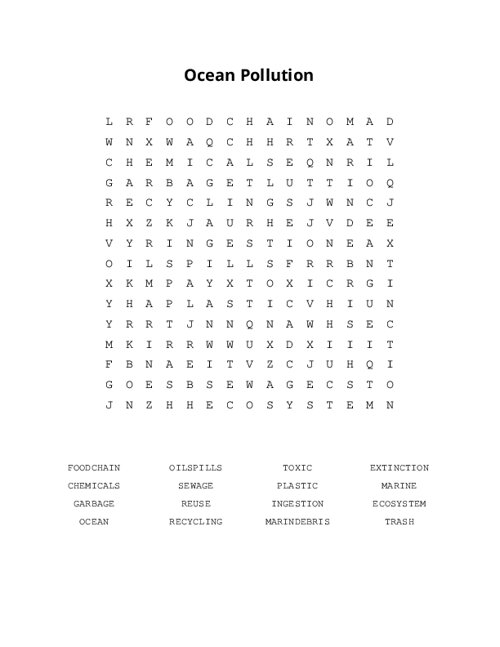 Ocean Pollution Word Search Puzzle
