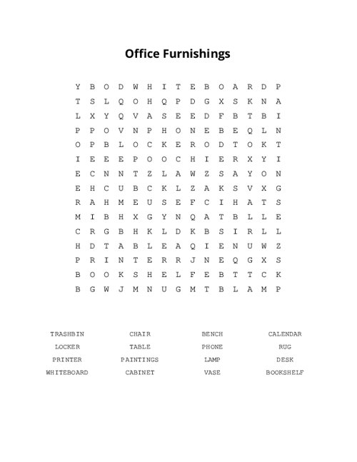 Office Furnishings Word Search Puzzle