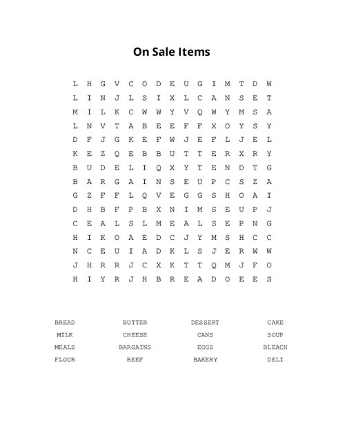 On Sale Items Word Search Puzzle