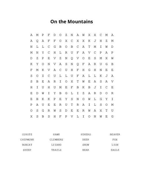On the Mountains Word Search Puzzle