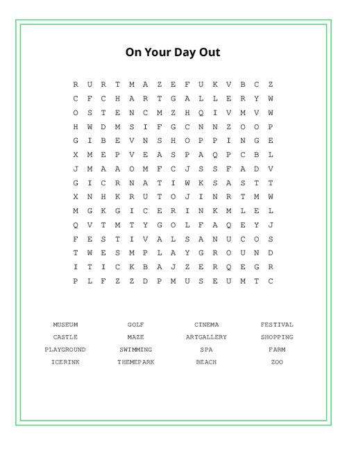 On Your Day Out Word Search Puzzle