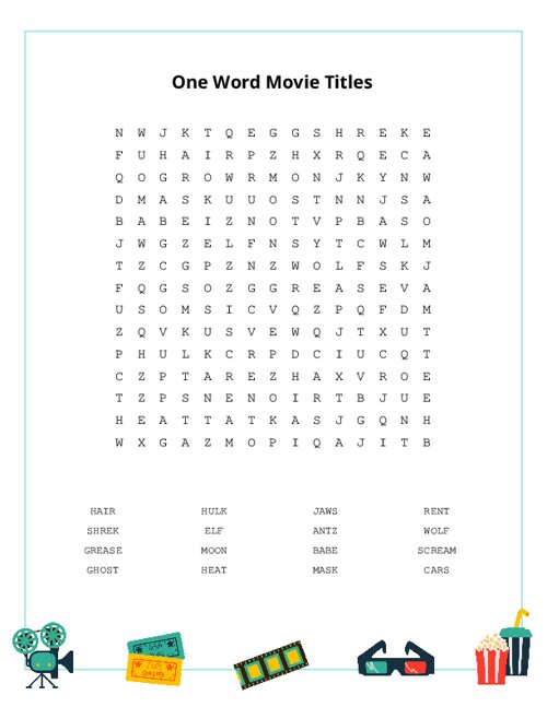 One Word Movie Titles Word Search Puzzle