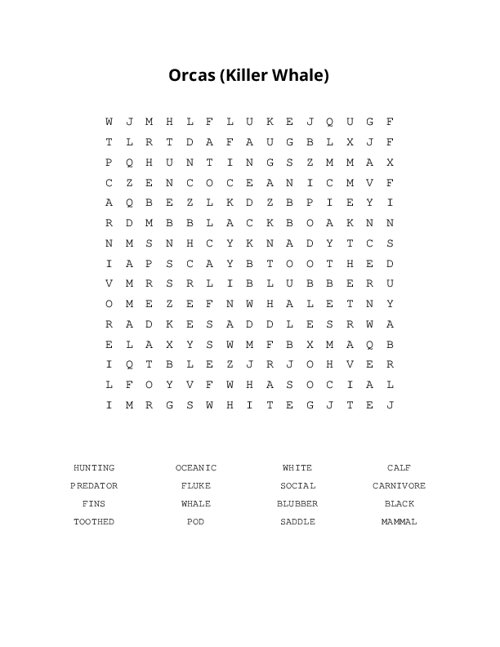 Orcas (Killer Whale) Word Search Puzzle