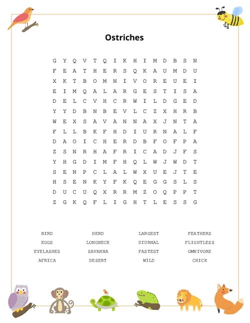 Ostriches Word Search Puzzle