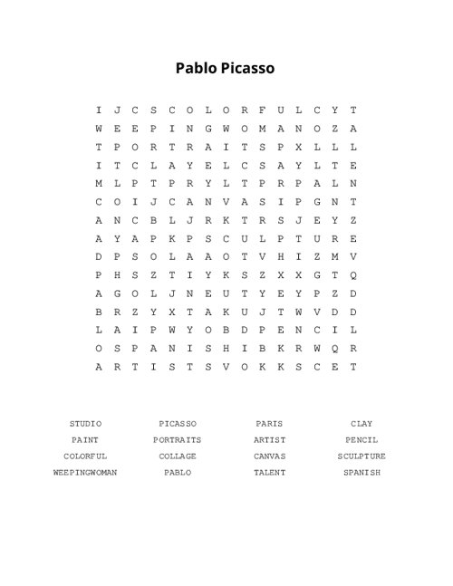Pablo Picasso Word Search Puzzle