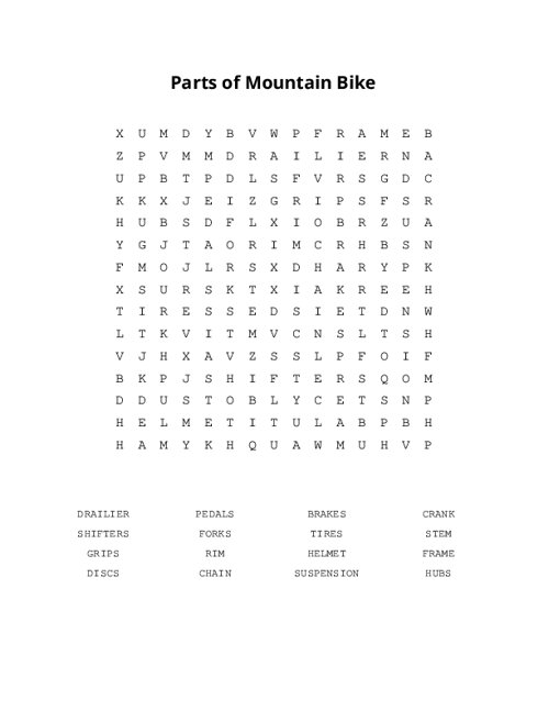 Parts of Mountain Bike Word Search Puzzle