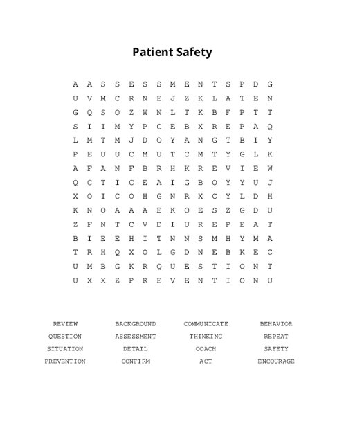Patient Safety Word Search Puzzle