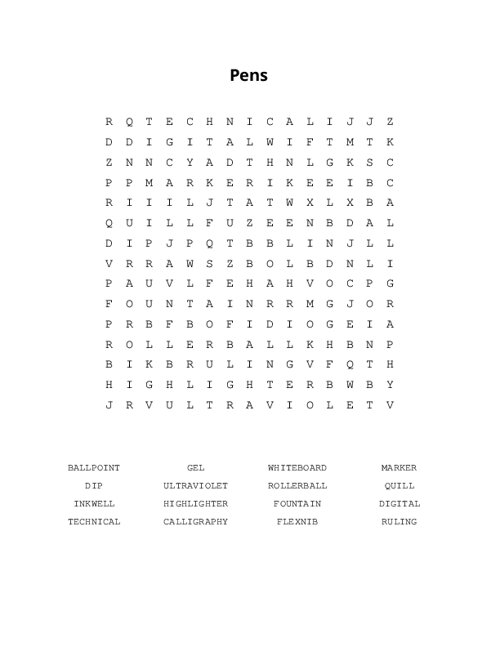 Pens Word Search Puzzle