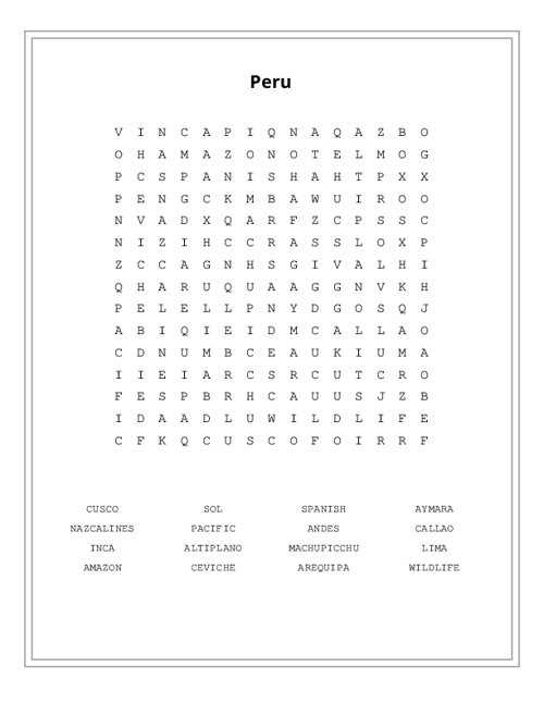 Peru Word Search Puzzle