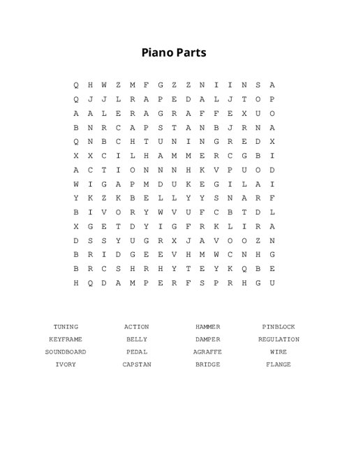 Piano Parts Word Search Puzzle