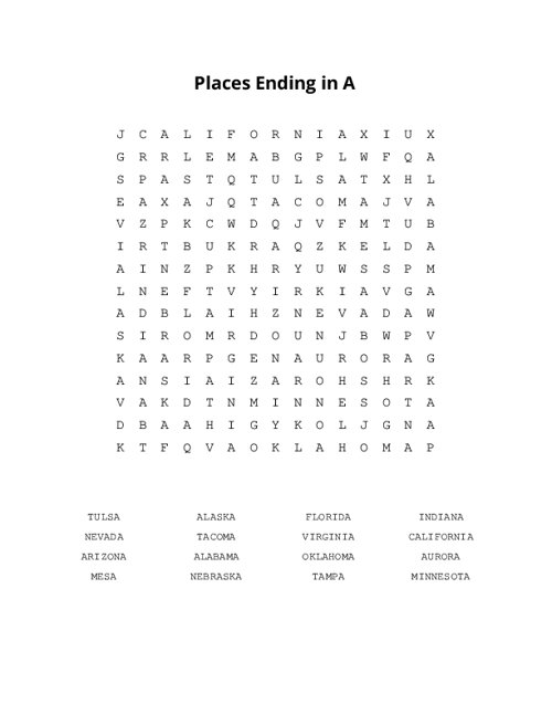 Places Ending in A Word Search Puzzle