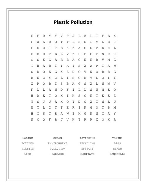 Plastic Pollution Word Search Puzzle