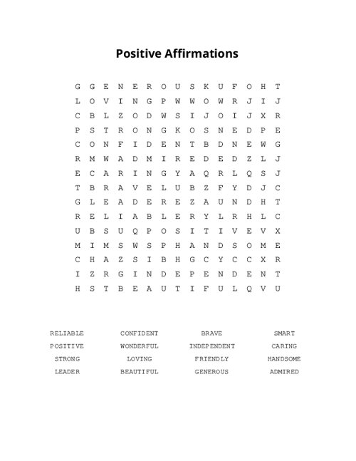 Positive Affirmations Word Search Puzzle