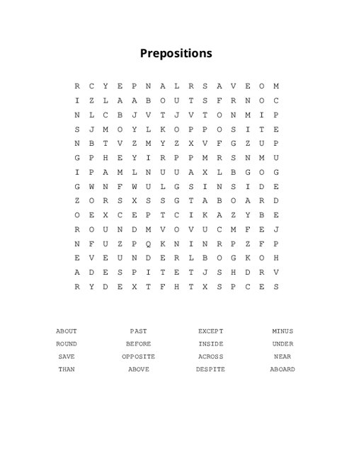 Prepositions Word Search Puzzle