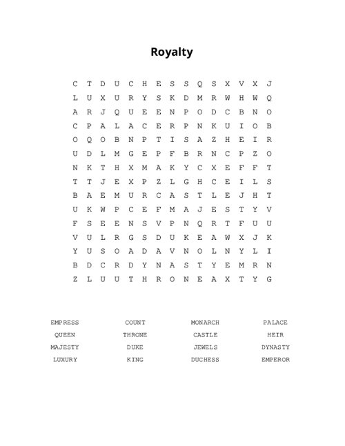 Royalty Word Search Puzzle