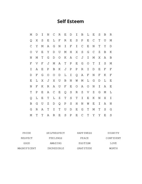 Self Esteem Word Search Puzzle