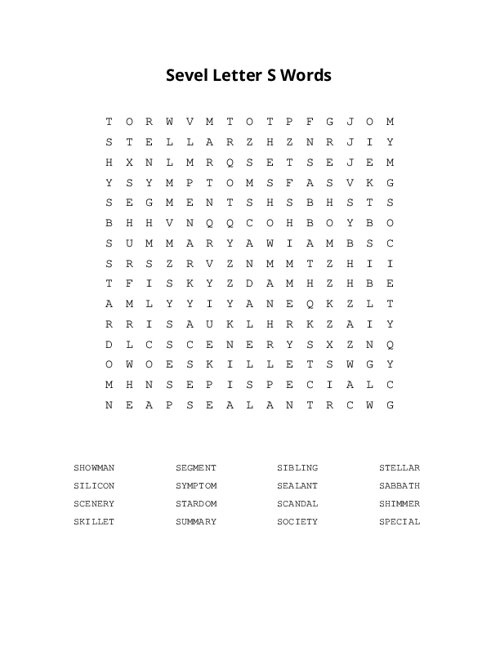 Sevel Letter S Words Word Search Puzzle