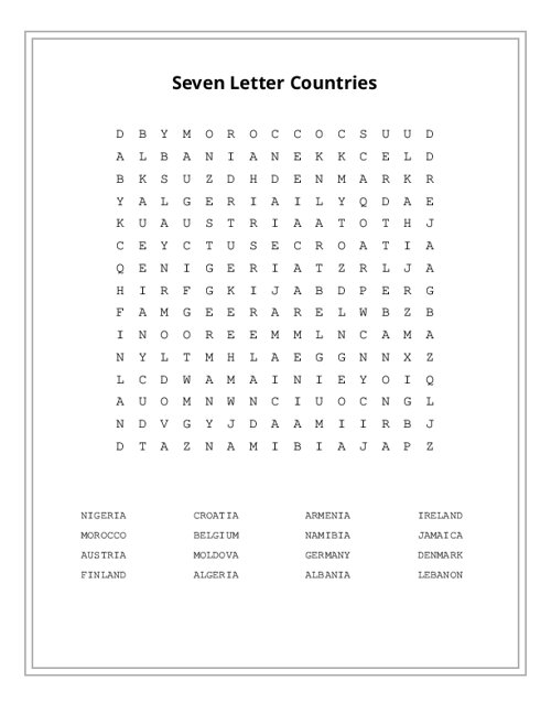 Seven Letter Countries Word Search Puzzle