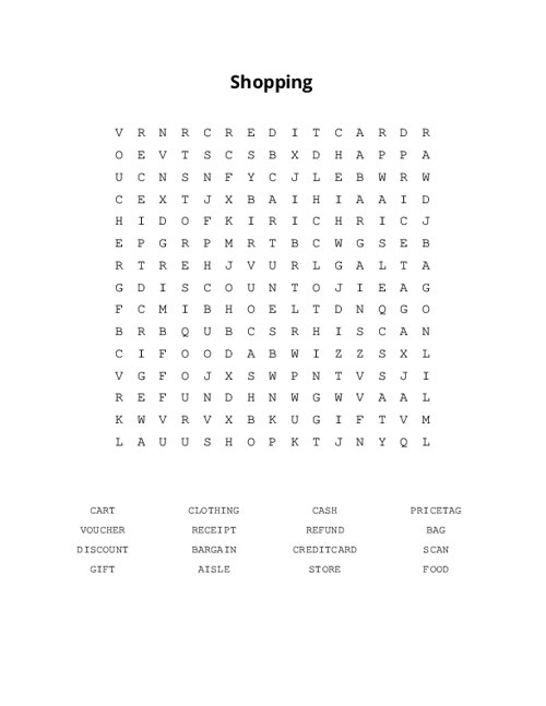 Shopping Word Search Puzzle