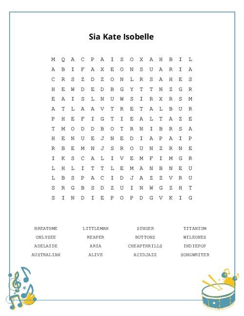 Sia Kate Isobelle Word Search Puzzle