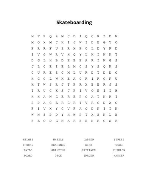 Skateboarding Word Search Puzzle