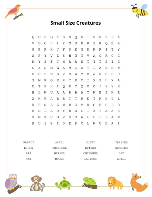 Small Size Creatures Word Search Puzzle