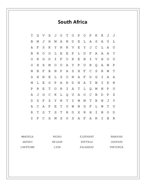 South Africa Word Search Puzzle