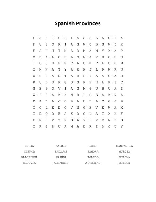 Spanish Provinces Word Search Puzzle