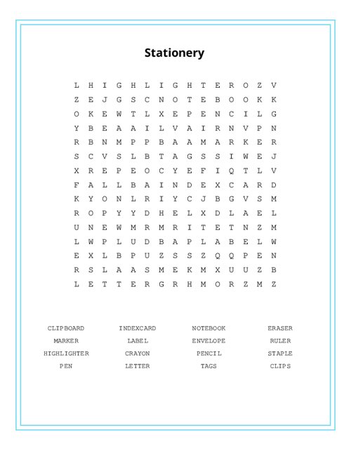 Stationery Word Search Puzzle