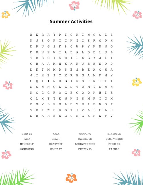 Summer Activities Word Search Puzzle
